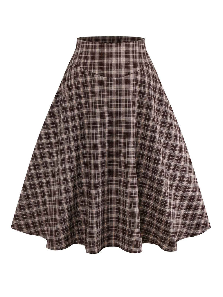 [Pre-Sale] Brown 1940s Gingham Plaid Wide-Waist Skirt