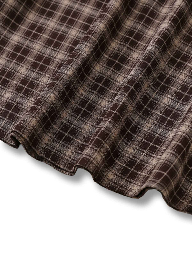 [Pre-Sale] 2PCS Brown 1940s Knitted Faux-2PCS Blouse & Plaid Skirt
