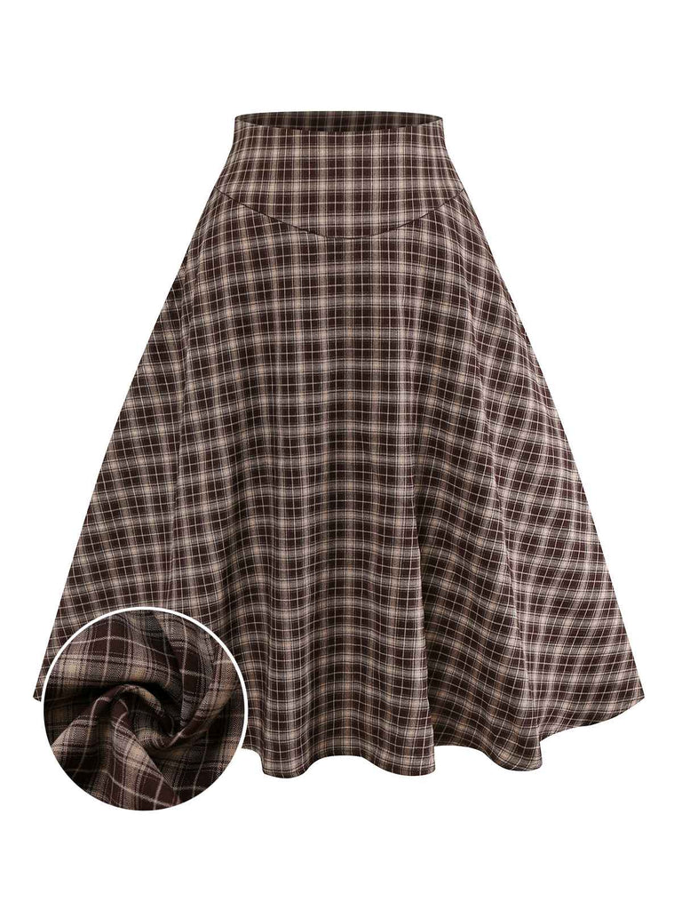 [Pre-Sale] 2PCS Brown 1940s Knitted Faux-2PCS Blouse & Plaid Skirt