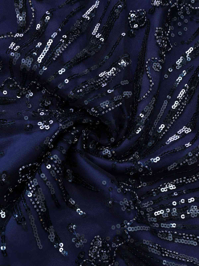 [Pre-Sale] Blue 1950s Off-Shoulder Embroidered Sequin Floral Dress