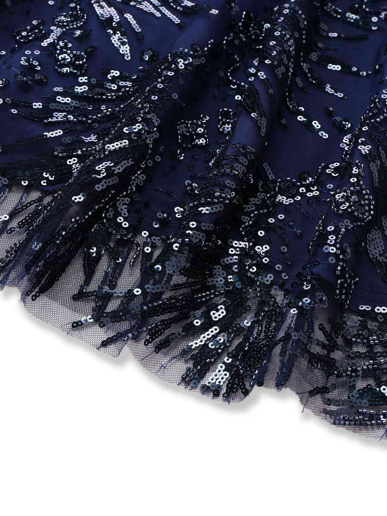 [Pre-Sale] Blue 1950s Off-Shoulder Embroidered Sequin Floral Dress