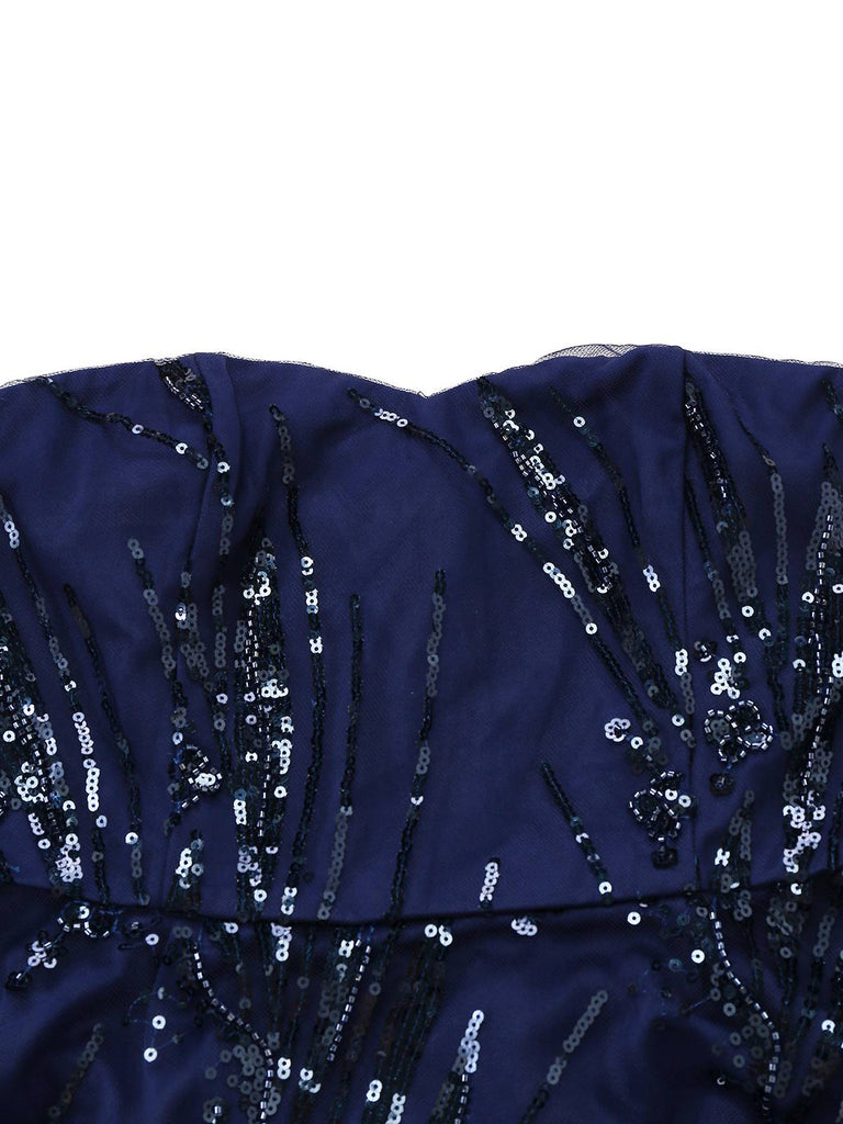 [Pre-Sale] Blue 1950s Off-Shoulder Embroidered Sequin Floral Dress