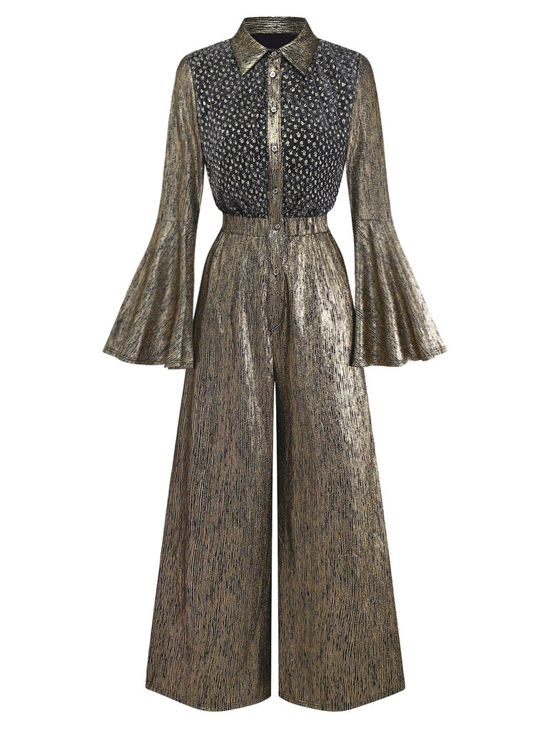 [Pre-Sale] Gold 1980s Black Gilded Bell Sleeve Shirt Jumpsuit