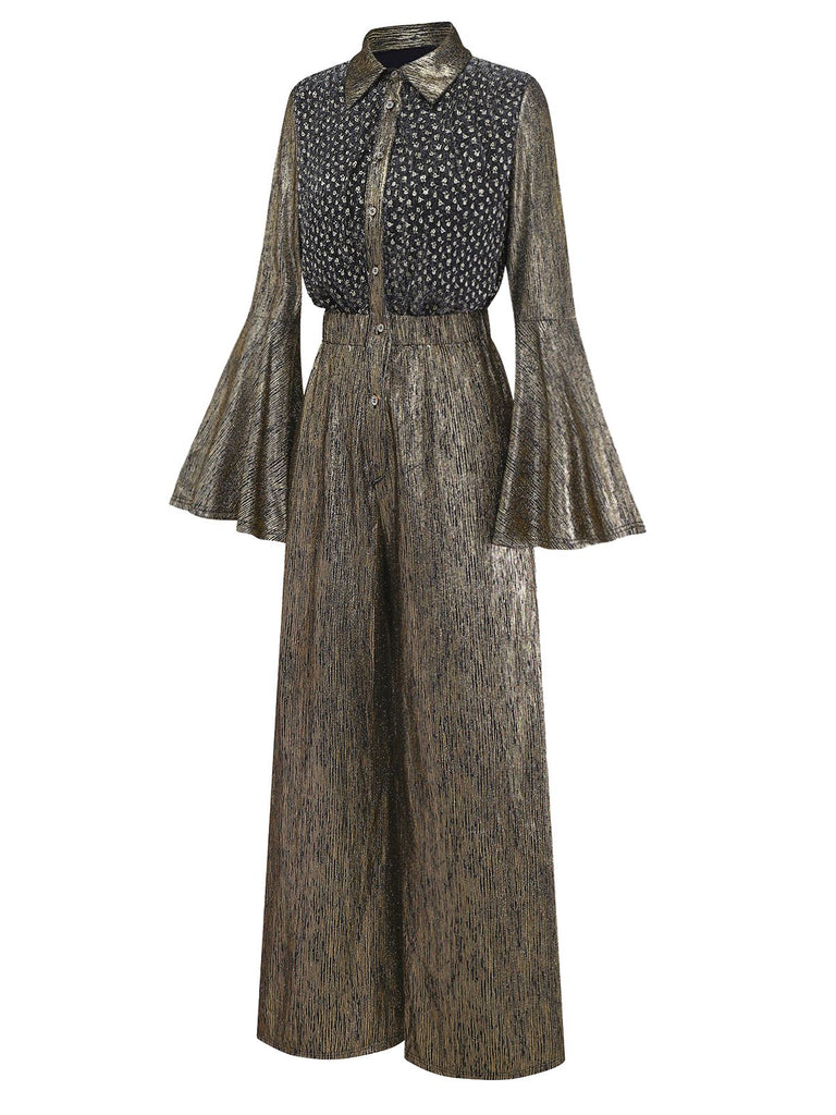 [Pre-Sale] Gold 1980s Black Gilded Bell Sleeve Shirt Jumpsuit
