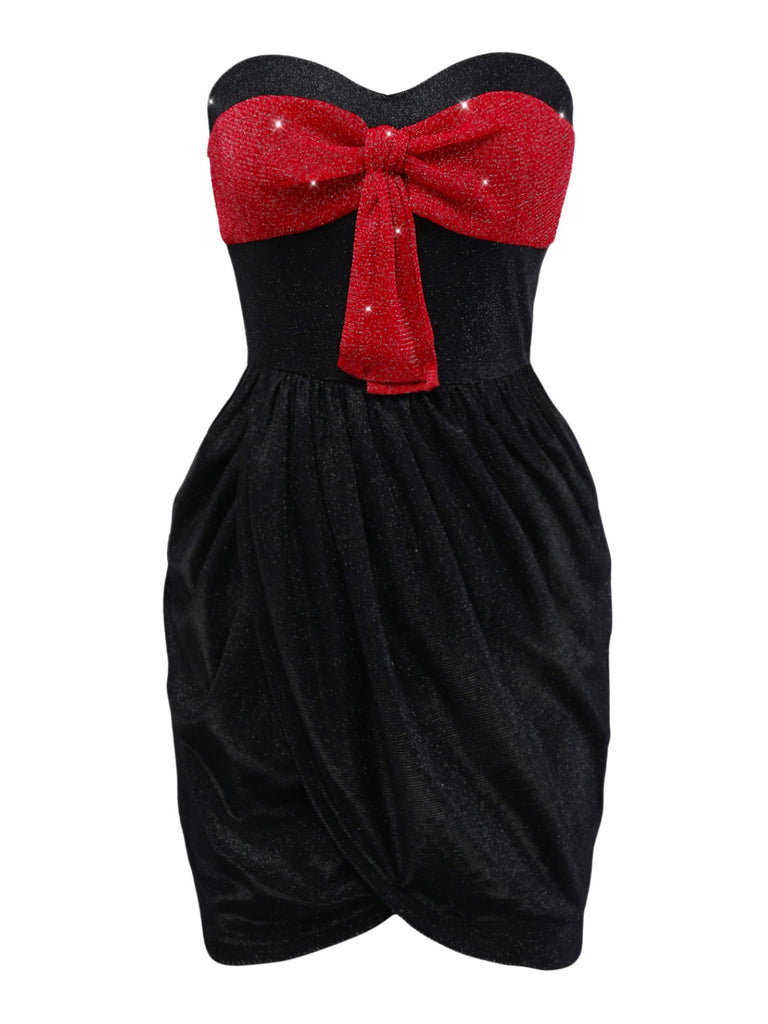 [Pre-Sale] Black 1960s Bow Ruched Strapless Glitter Tulip Dress