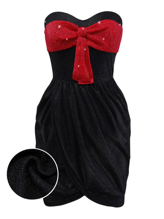 [Pre-Sale] Black 1960s Bow Ruched Strapless Glitter Tulip Dress
