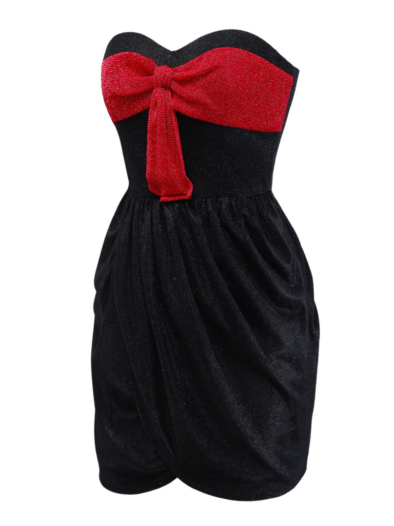 [Pre-Sale] Black 1960s Bow Ruched Strapless Glitter Tulip Dress