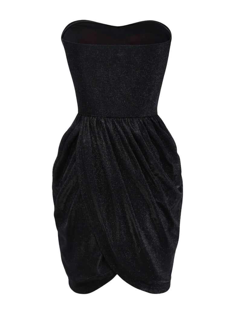 [Pre-Sale] Black 1960s Bow Ruched Strapless Glitter Tulip Dress