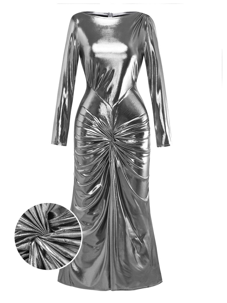 [Pre-Sale] Silver 1970s Metallic Twist Boat Neck Slit Dress