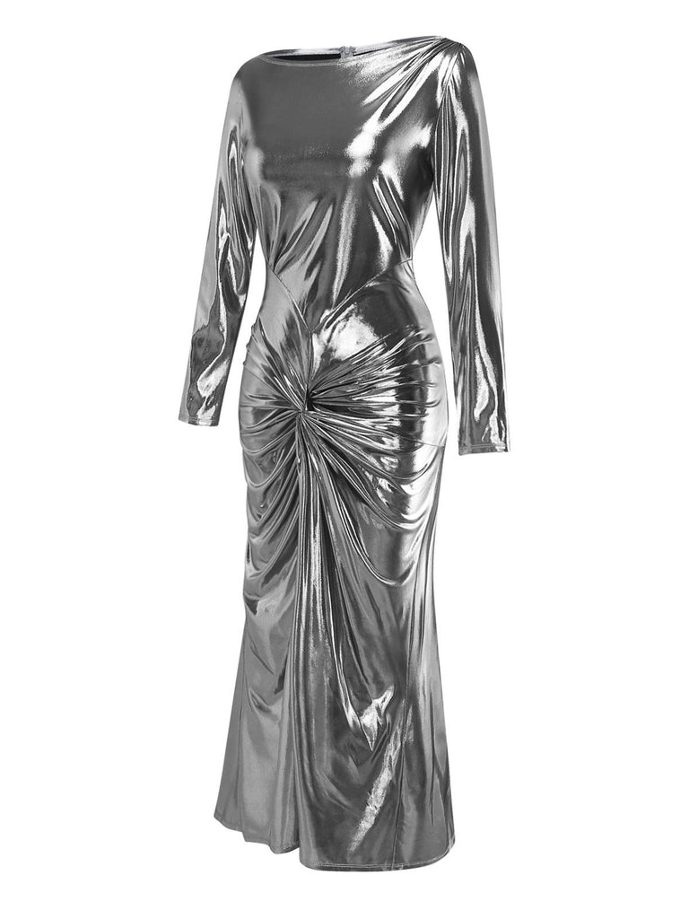 [Pre-Sale] Silver 1970s Metallic Twist Boat Neck Slit Dress