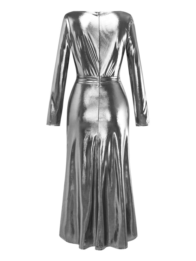 [Pre-Sale] Silver 1970s Metallic Twist Boat Neck Slit Dress