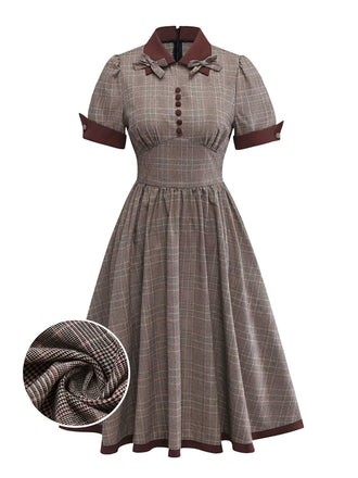 [Pre-Sale] Brown 1950s Lapel Plaid Bow Dress