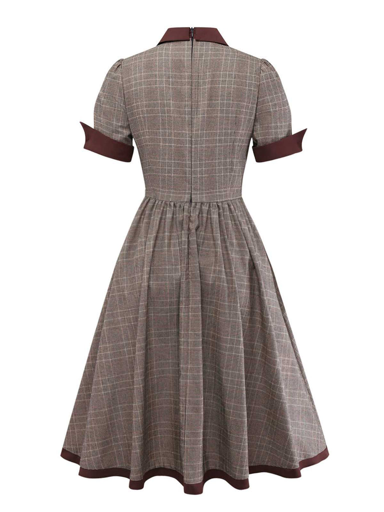 [Pre-Sale] Brown 1950s Lapel Plaid Bow Dress