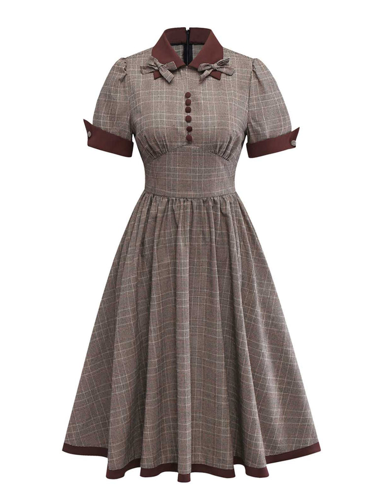 [Pre-Sale] Brown 1950s Lapel Plaid Bow Dress