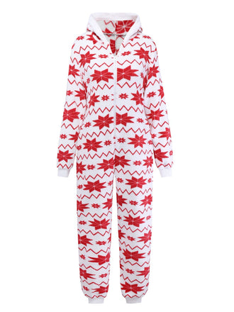 Red 1980s Christmas Print Flannel Hooded Pajama Jumpsuit