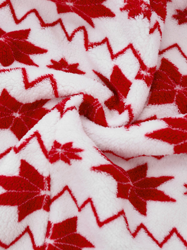 Red 1980s Christmas Print Flannel Hooded Pajama Jumpsuit