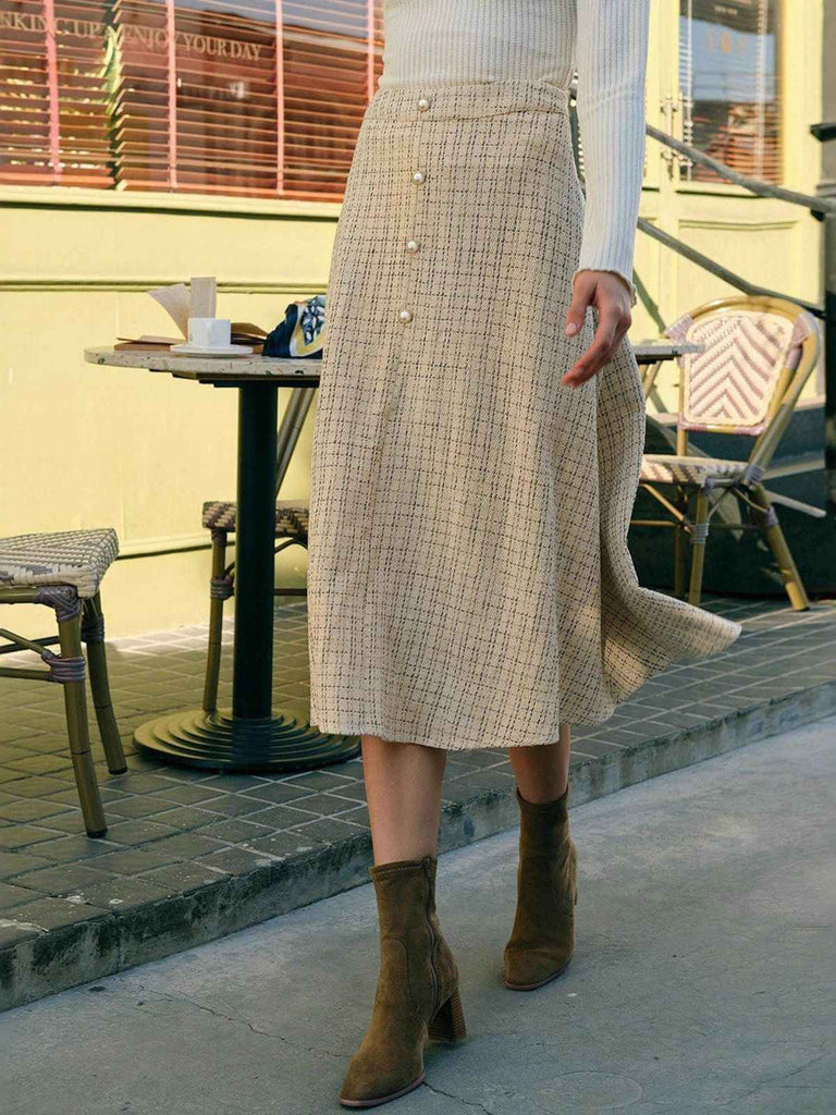 Beige 1940s Pearl Button Plaid Tweed A-Line Skirt