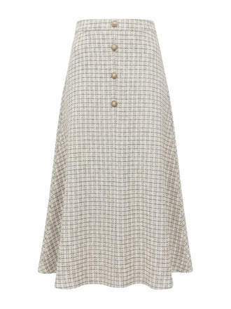 Beige 1940s Pearl Button Plaid Tweed A-Line Skirt