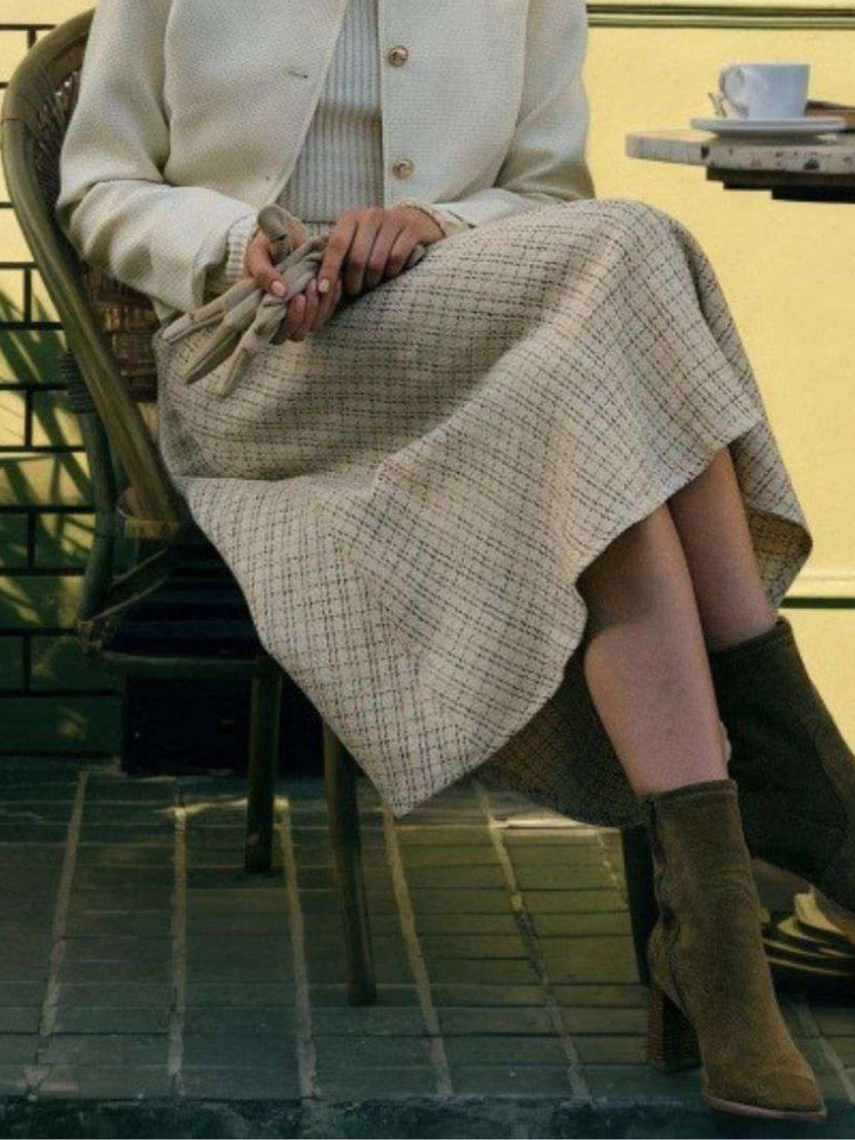 Beige 1940s Pearl Button Plaid Tweed A-Line Skirt