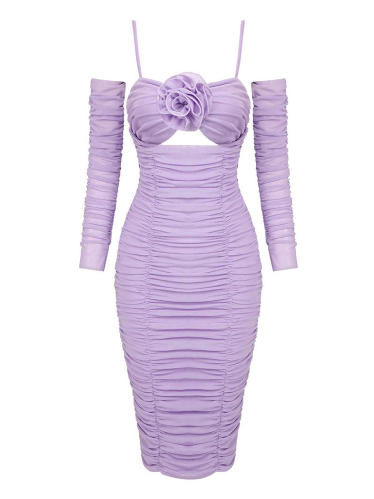[Pre-Sale] Lavender 1960s 3D Flower Ruched Mesh Dress
