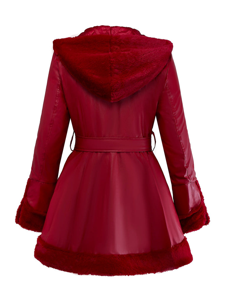 1950s Leather Fur Collar Hooded Coat