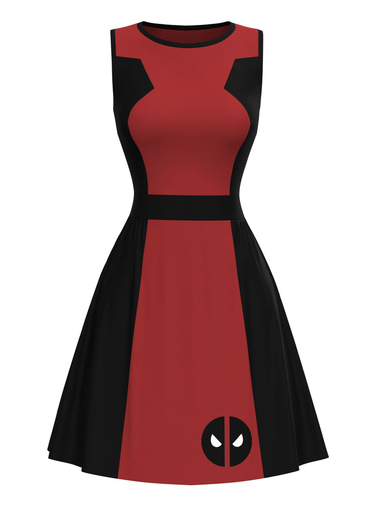 [Pre-Sale] Red & Black 1960s Halloween Deadpool Color Block Dress