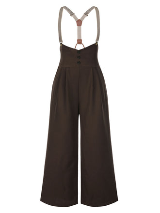 [Plus Size] Dark Brown 1950s Button Suspender Pants