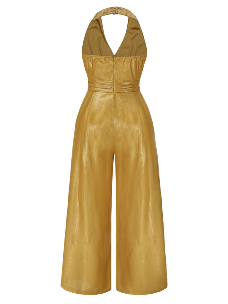[Pre-Sale] [Plus Size] Gold 1970s Solid V-Neck Halter Jumpsuit