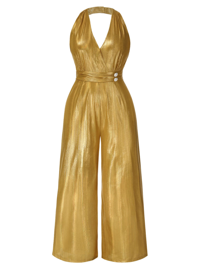 [Pre-Sale] [Plus Size] Gold 1970s Solid V-Neck Halter Jumpsuit