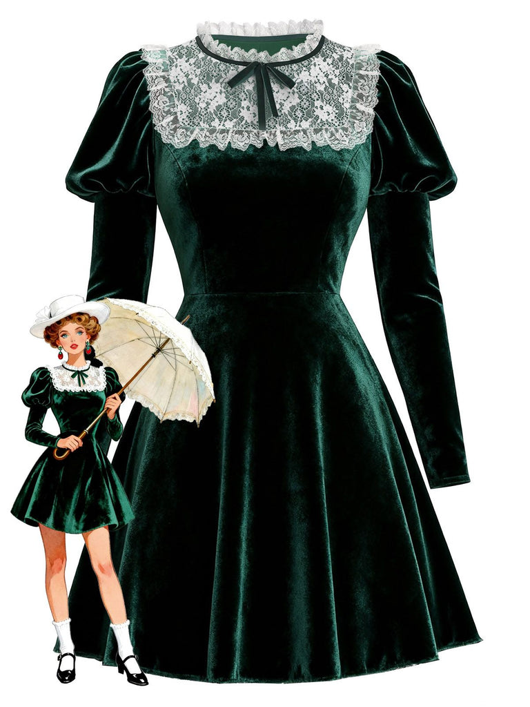 [Pre-Sale] Green 1960s Victorian Velvet Lace Dress
