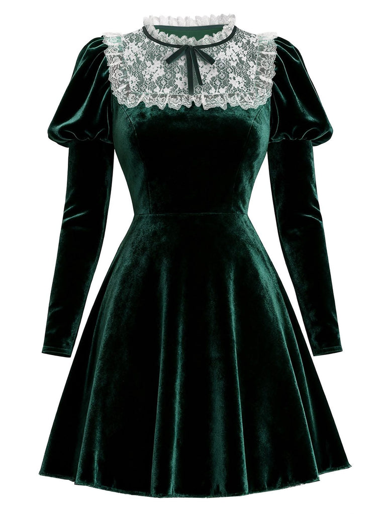 [Pre-Sale] Green 1960s Victorian Velvet Lace Dress