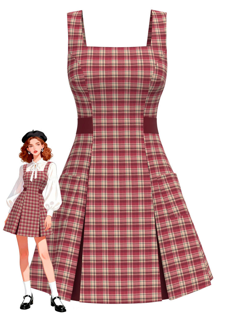 [Pre-Sale] Deep Red 1960s Plaid Wide-Strap Pleat Dress