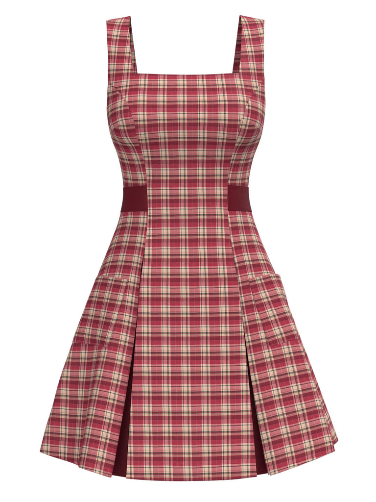 [Pre-Sale] Deep Red 1960s Plaid Wide-Strap Pleat Dress