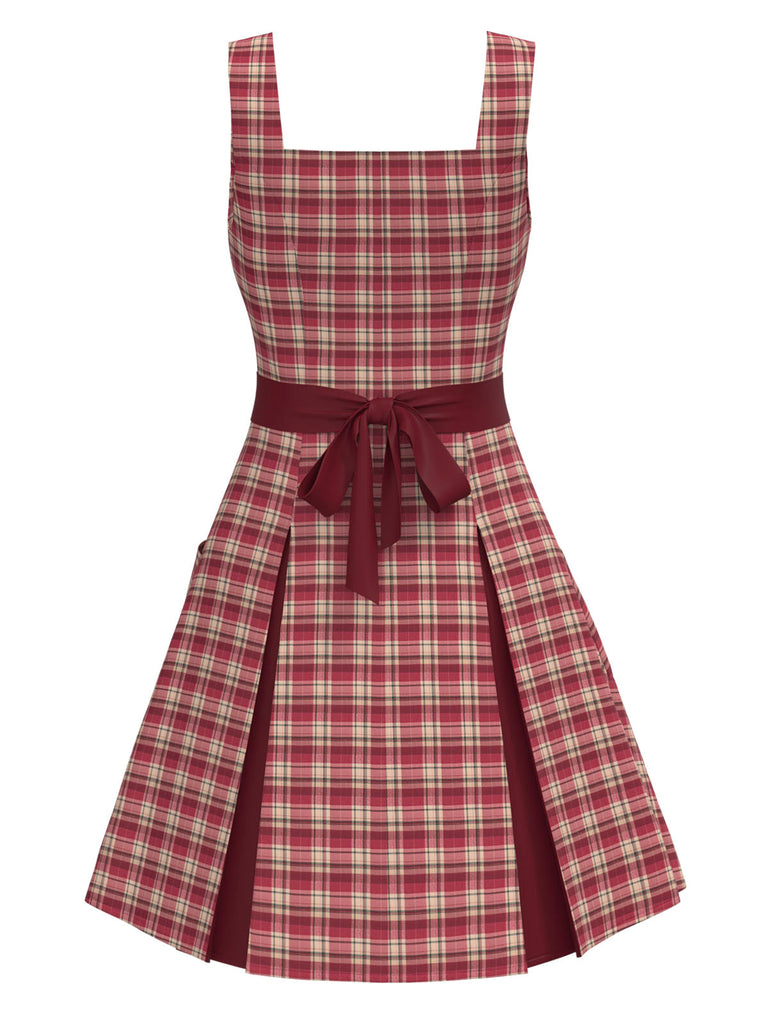 [Pre-Sale] Deep Red 1960s Plaid Wide-Strap Pleat Dress