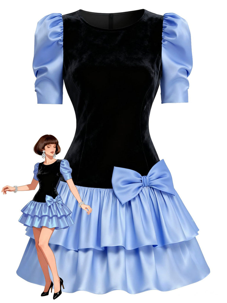 [Pre-Sale] Black 1980s Velvet Stain Puff-Sleeve Bow Mini Dress
