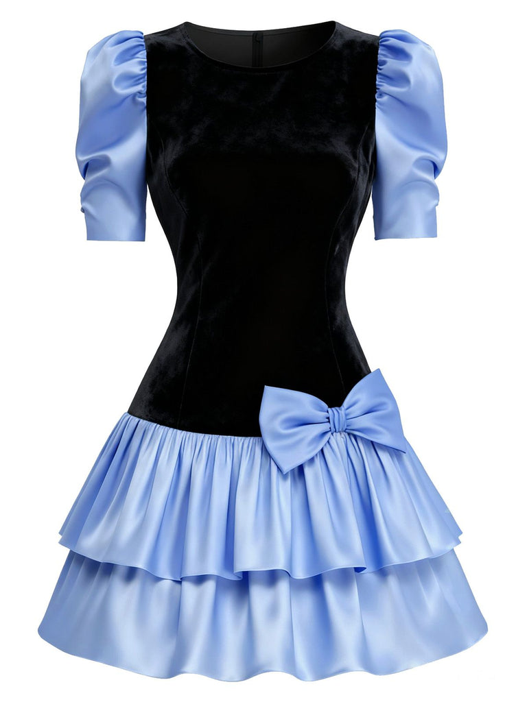 [Pre-Sale] Black 1980s Velvet Stain Puff-Sleeve Bow Mini Dress