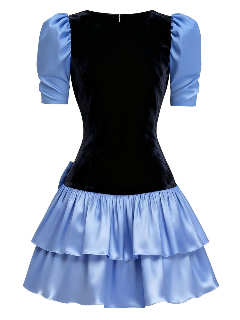 [Pre-Sale] Black 1980s Velvet Stain Puff-Sleeve Bow Mini Dress