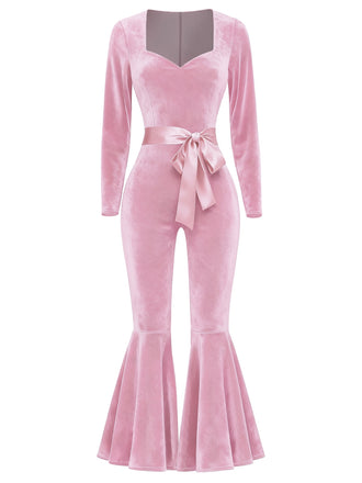 [Pre-Sale] Pink 1970s Sweetheart Flare Leg Velvet Jumpsuit