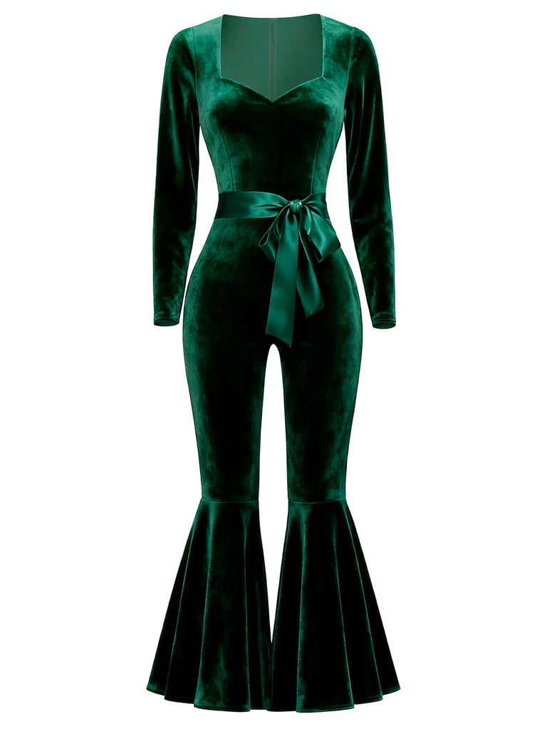 [Pre-Sale] Green 1970s Sweetheart Flare Leg Velvet Jumpsuit