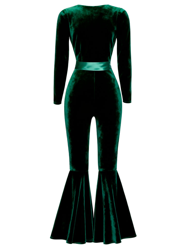 [Pre-Sale] Green 1970s Sweetheart Flare Leg Velvet Jumpsuit