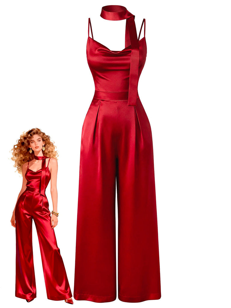 [Pre-Sale] Red 1930s Satin Cowl Neck Spaghetti Strap Jumpsuit