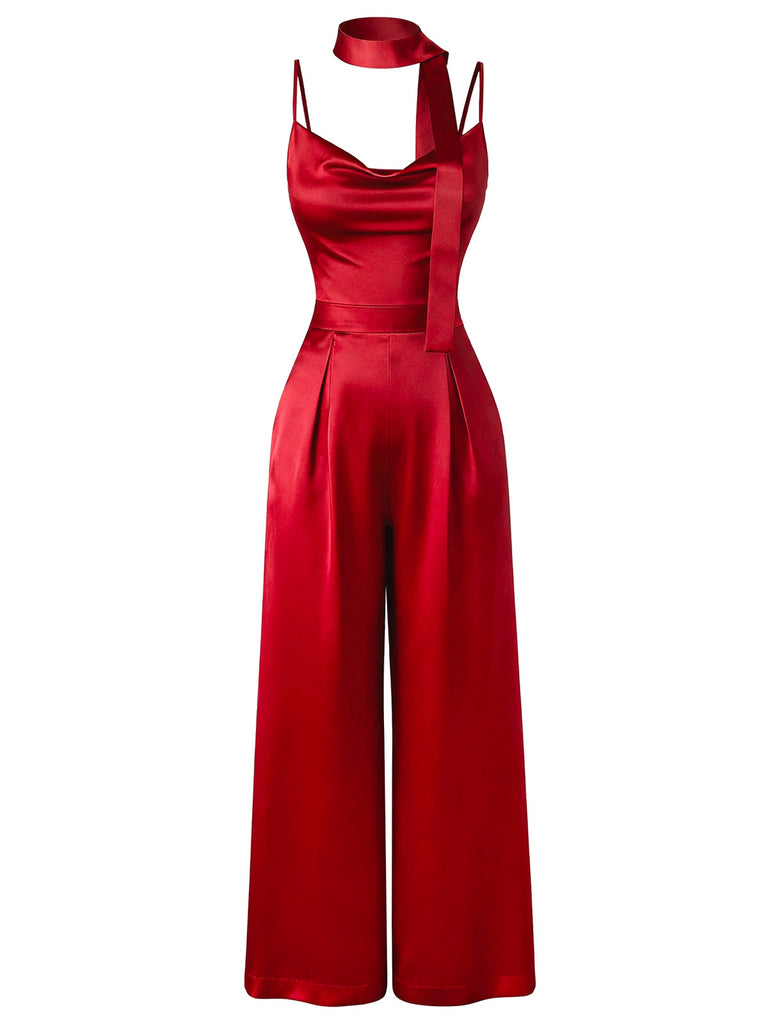 [Pre-Sale] Red 1930s Satin Cowl Neck Spaghetti Strap Jumpsuit
