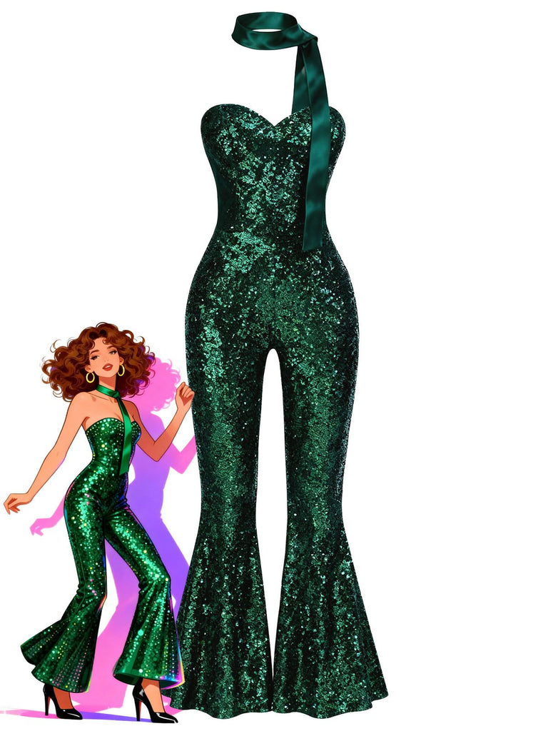 [Pre-Sale] Green 1970s Sequin Strapless Flared-Leg Jumpsuit