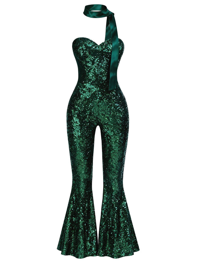 [Pre-Sale] Green 1970s Sequin Strapless Flared-Leg Jumpsuit