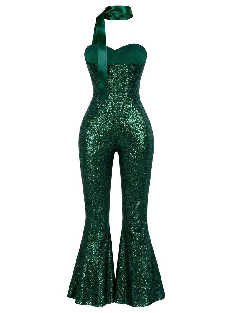 [Pre-Sale] Green 1970s Sequin Strapless Flared-Leg Jumpsuit