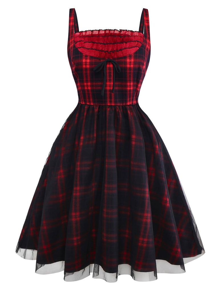 [Pre-Sale] Red & Black 1950s Plaid Bow Mesh Dress