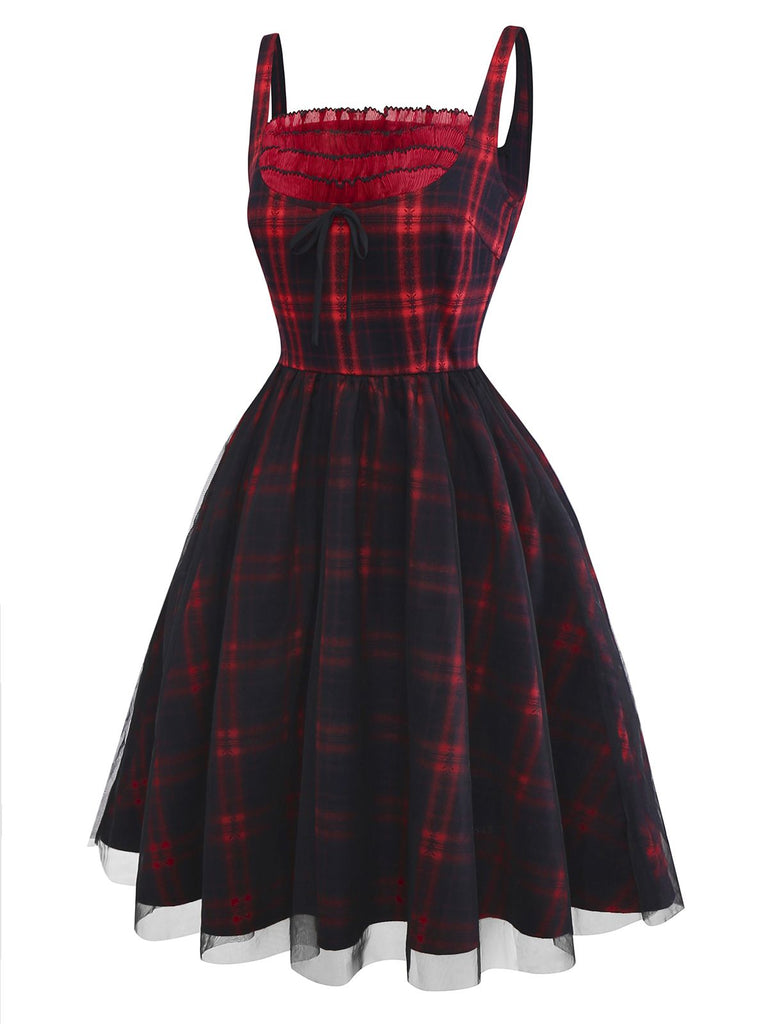 [Pre-Sale] Red & Black 1950s Plaid Bow Mesh Dress