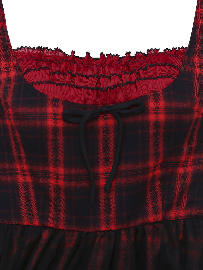 [Pre-Sale] Red & Black 1950s Plaid Bow Mesh Dress