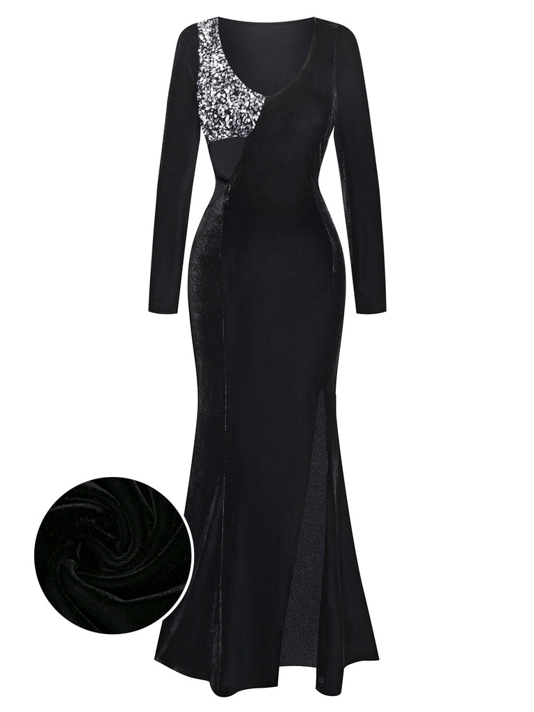 [Pre-Sale] Black 1930s Sequined Velvet Cutout Slit Fishtail Dress