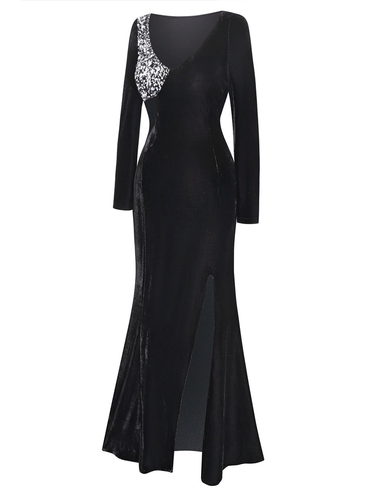 [Pre-Sale] Black 1930s Sequined Velvet Cutout Slit Fishtail Dress